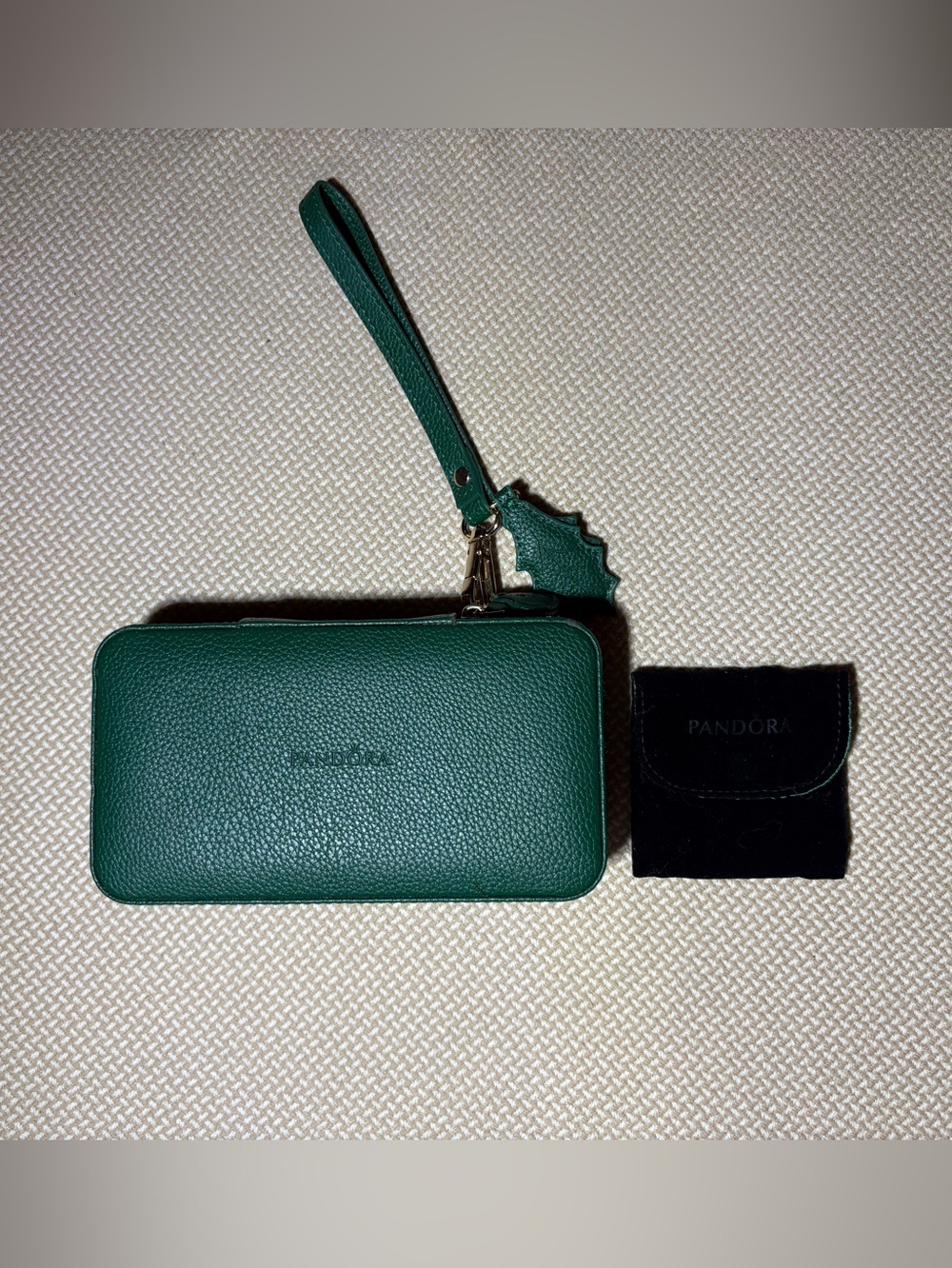 Pandora Emerald Green Pebbled Leather Jewelry Travel Case - 2 piece